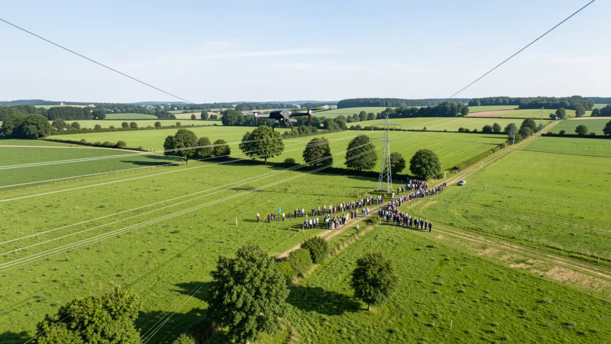 Drone flying over power lines in a rural landscape.