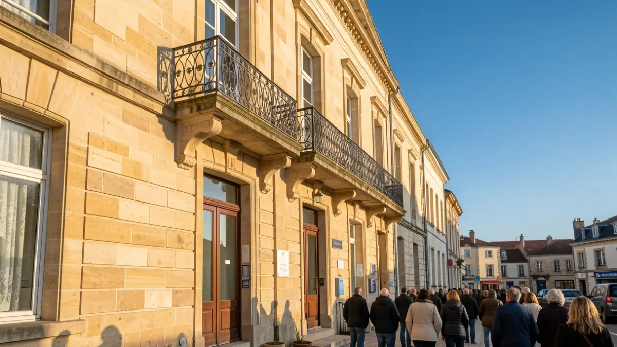 Façade en pierre de la mairie de Lège-Cap-Ferret avec balcon orné et rambardes en fer forgé, soleil d'après-midi chaud projetant des ombres sur les murs en grès, ciel bleu, style photographie documentaire, architecture Nouvelle-Aquitaine.