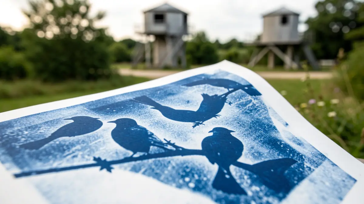 Cyanotype artwork of birds displayed at the Teich Ornithological Reserve.