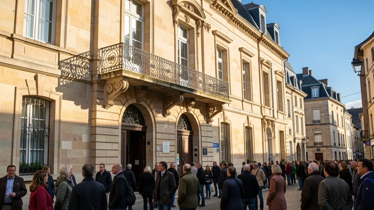 Stone facade of a Nouvelle-Aquitaine town hall with ornate balcony and iron railings, warm afternoon sunlight casting shadows on the sandstone walls, blue sky, documentary photography style. The exhibition is about nature photography.