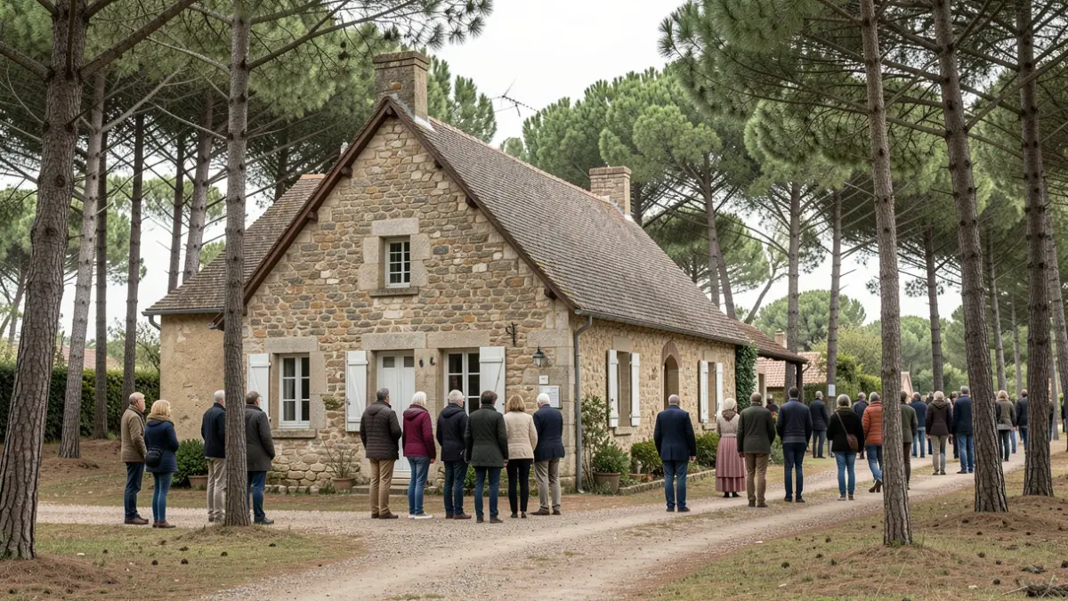 Traditional stone rural house in the Landes region, surrounded by pine trees.
