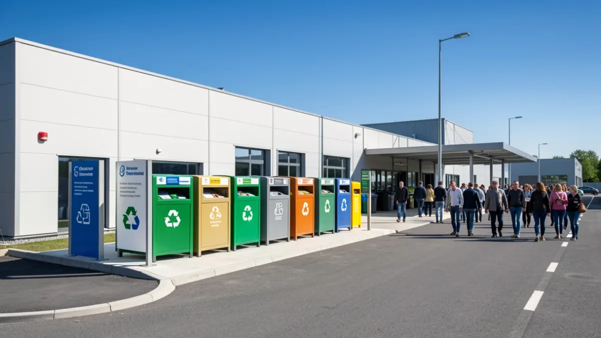 Image générique d'un centre de tri des déchets moderne avec des conteneurs de recyclage.