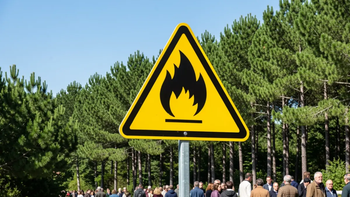 Panneau de vigilance jaune feux de forêt dans un massif forestier de Nouvelle-Aquitaine.