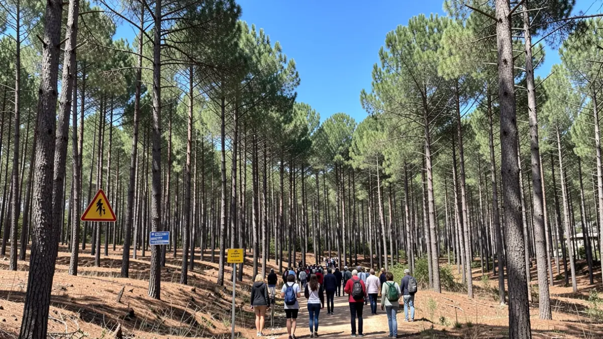 Forêt de pins en Nouvelle-Aquitaine avec un panneau de risque d'incendie.