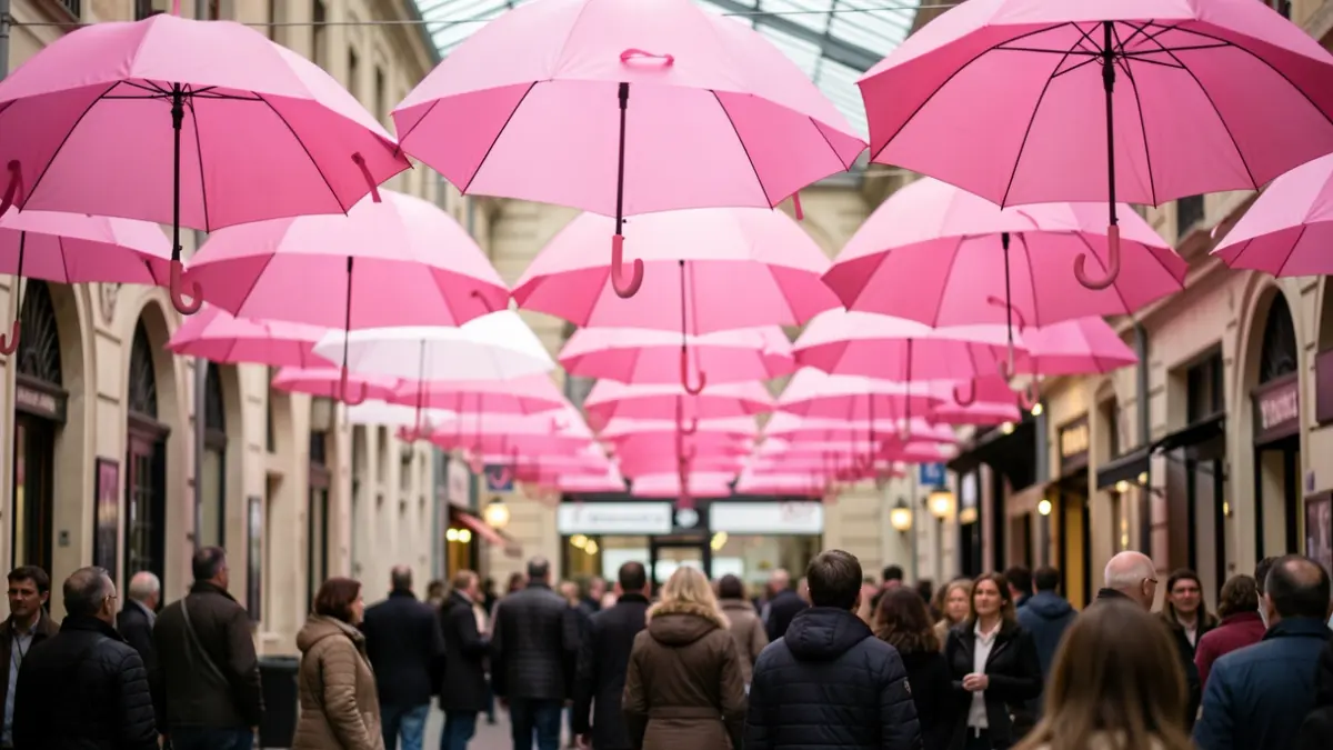 Des parapluies roses suspendus dans un espace public pour symboliser Octobre Rose.