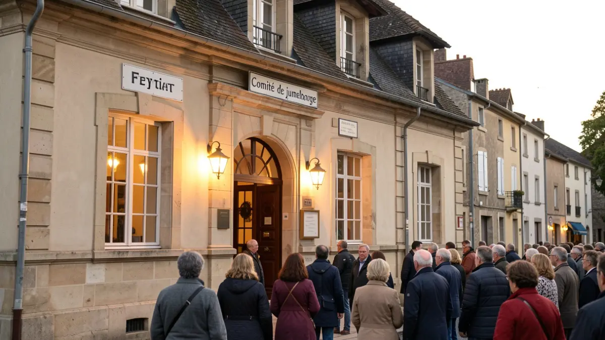 Facade of the Feytiat town hall with the twinning committee sign.