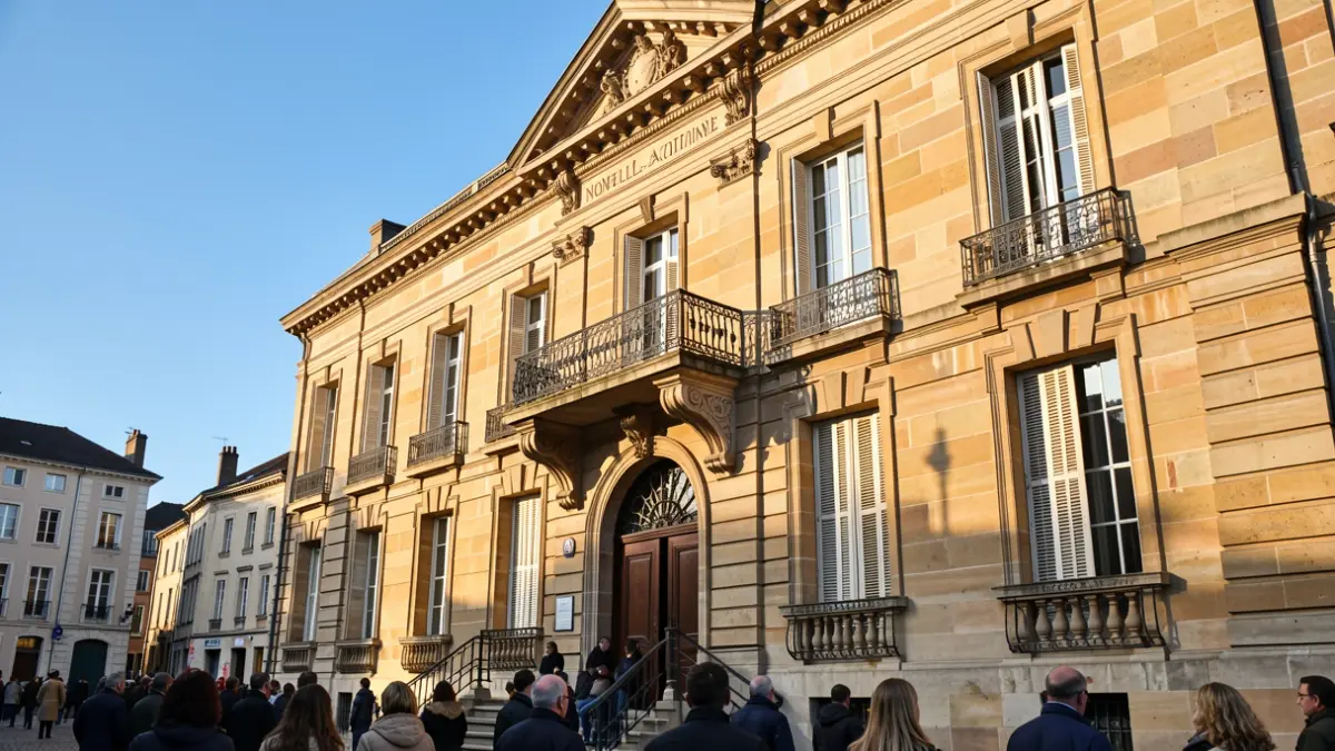 Stone facade of a Nouvelle-Aquitaine town hall with ornate balcony and iron railings, warm afternoon sunlight casting shadows on the sandstone walls, blue sky, documentary photography style.