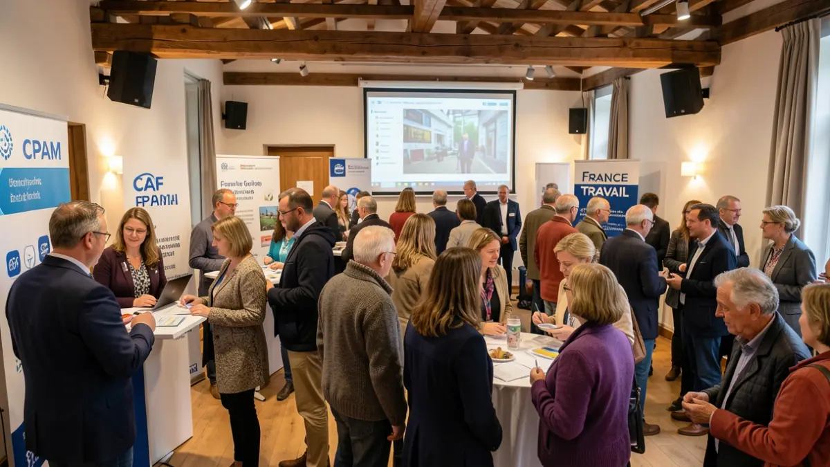 Generic image of a public services forum with attendees and service representatives.