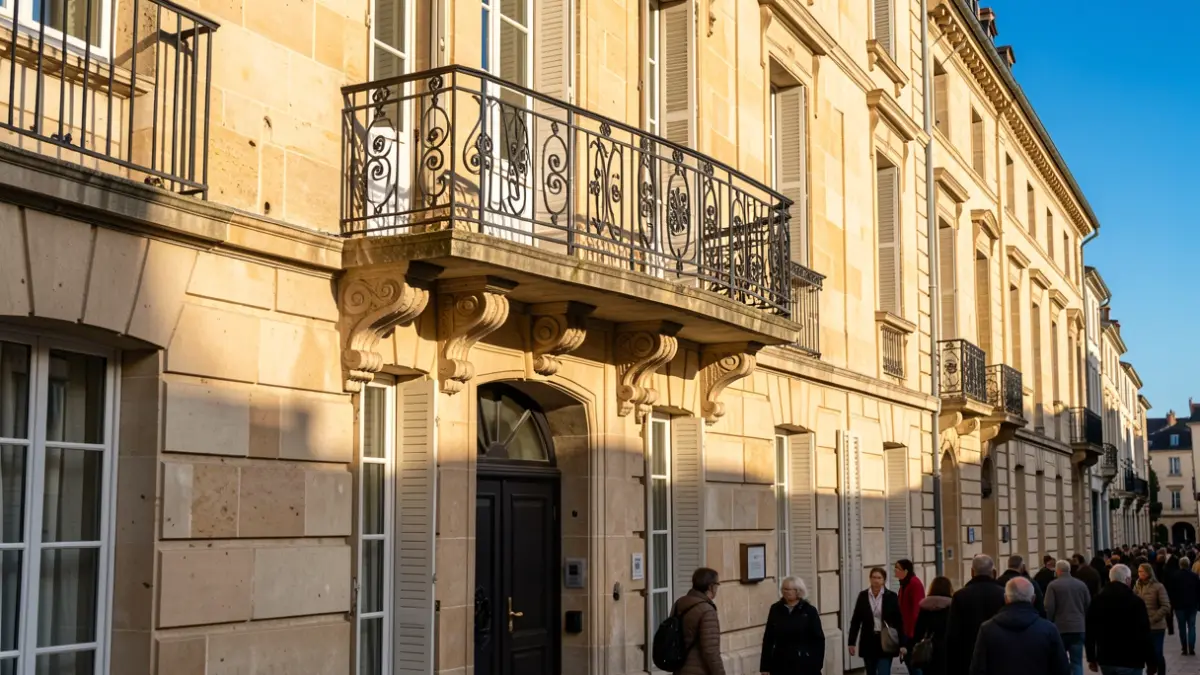 Stone facade of a Gironde Habitat building with an ornate balcony and iron railings, warm afternoon sunlight.