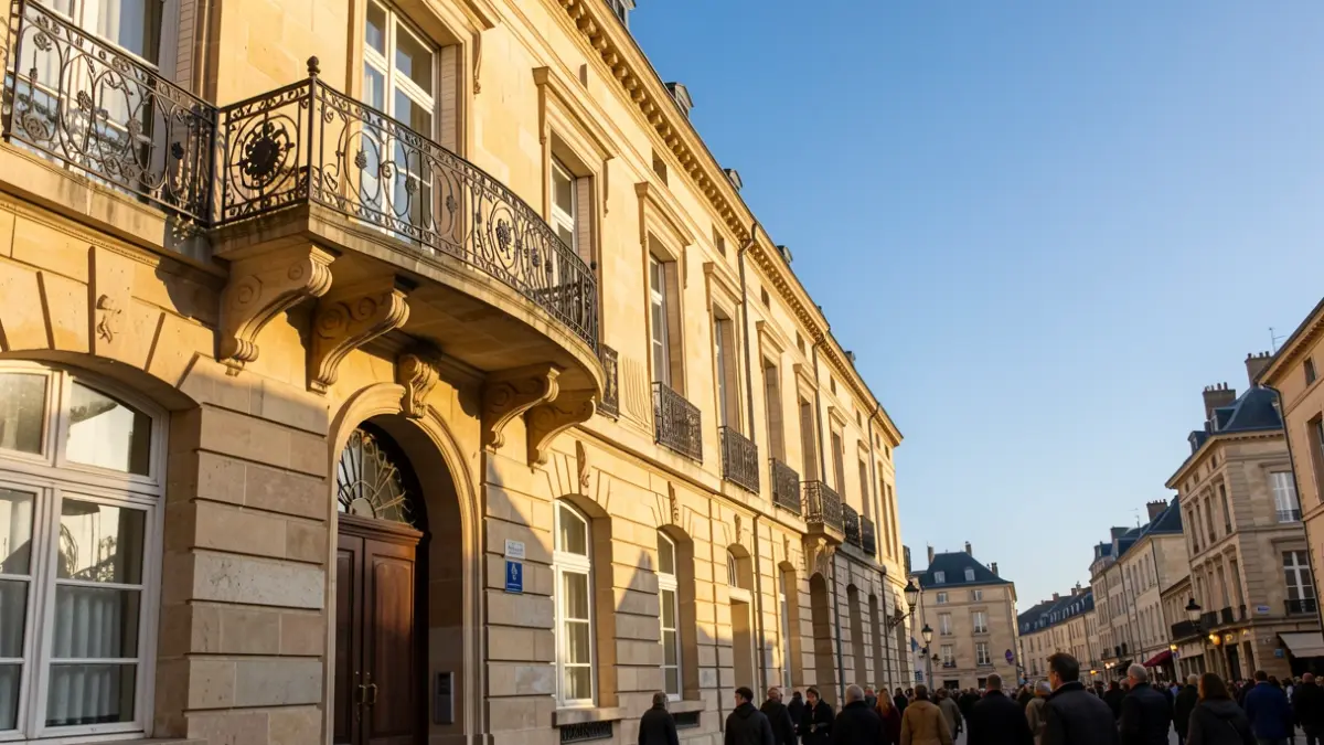 Façade en pierre d'un hôtel de ville de Nouvelle-Aquitaine avec balcon orné et balustrade en fer forgé, soleil d'après-midi chaud projetant des ombres sur les murs en grès, ciel bleu.