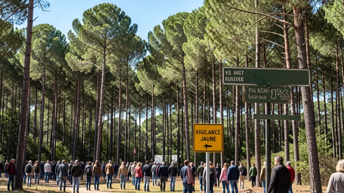 Pine forest in Nouvelle-Aquitaine under a blue sky, with a yellow vigilance sign for forest fire risk.
