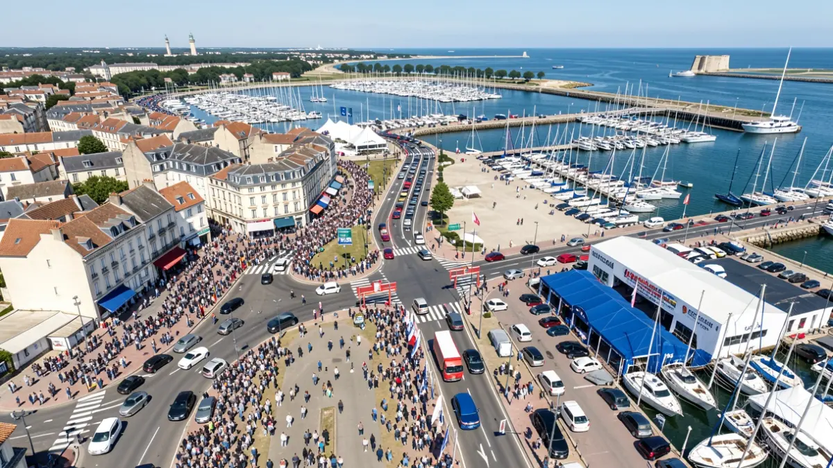 Vue aérienne du quartier des Minimes à La Rochelle pendant le Grand Pavois, avec des modifications de circulation.