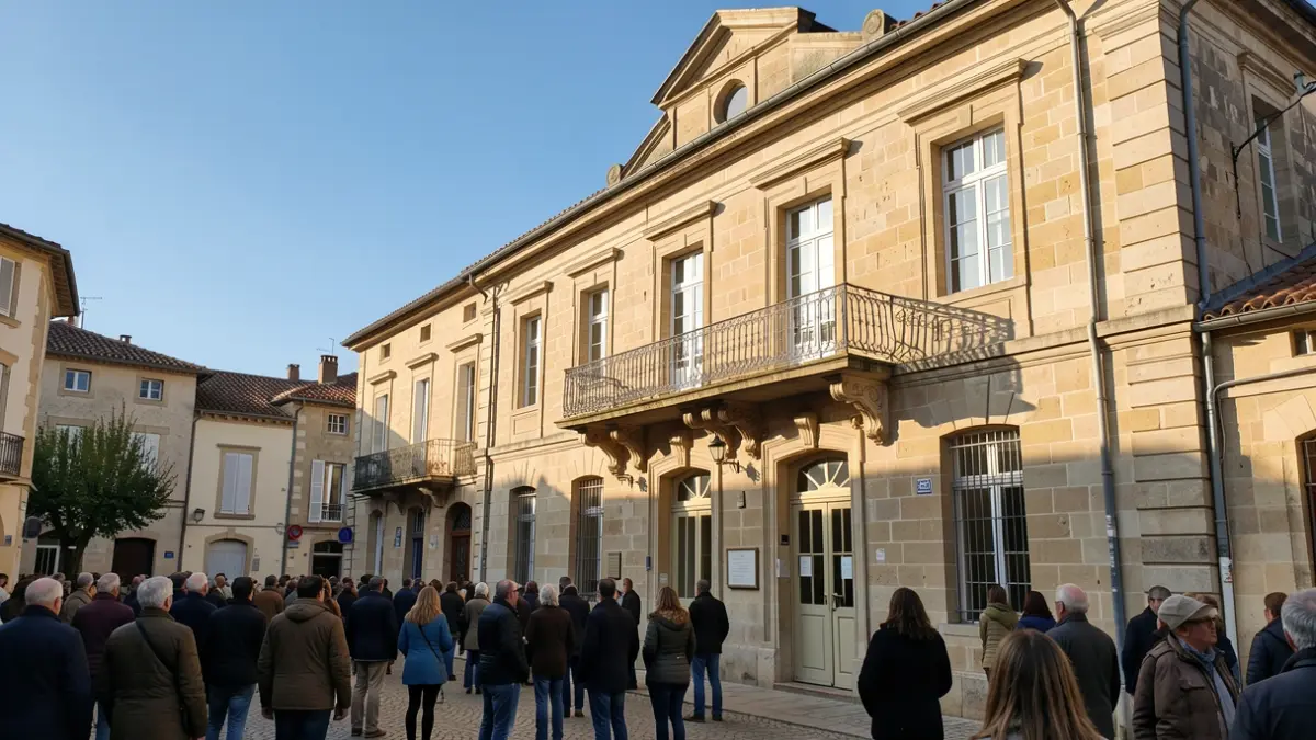 Facade of the Saint-Loubès town hall with a balcony and wrought iron railing, under an afternoon sun.