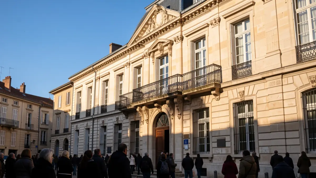 Façade d'un hôtel de ville français en pierre claire, avec balcon orné et balustrade en fer forgé, sous un soleil d'après-midi.