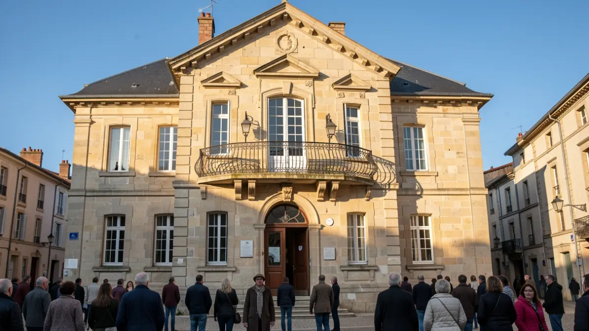 Façade d'un hôtel de ville en pierre de style Nouvelle-Aquitaine, avec balcon orné et ciel bleu.