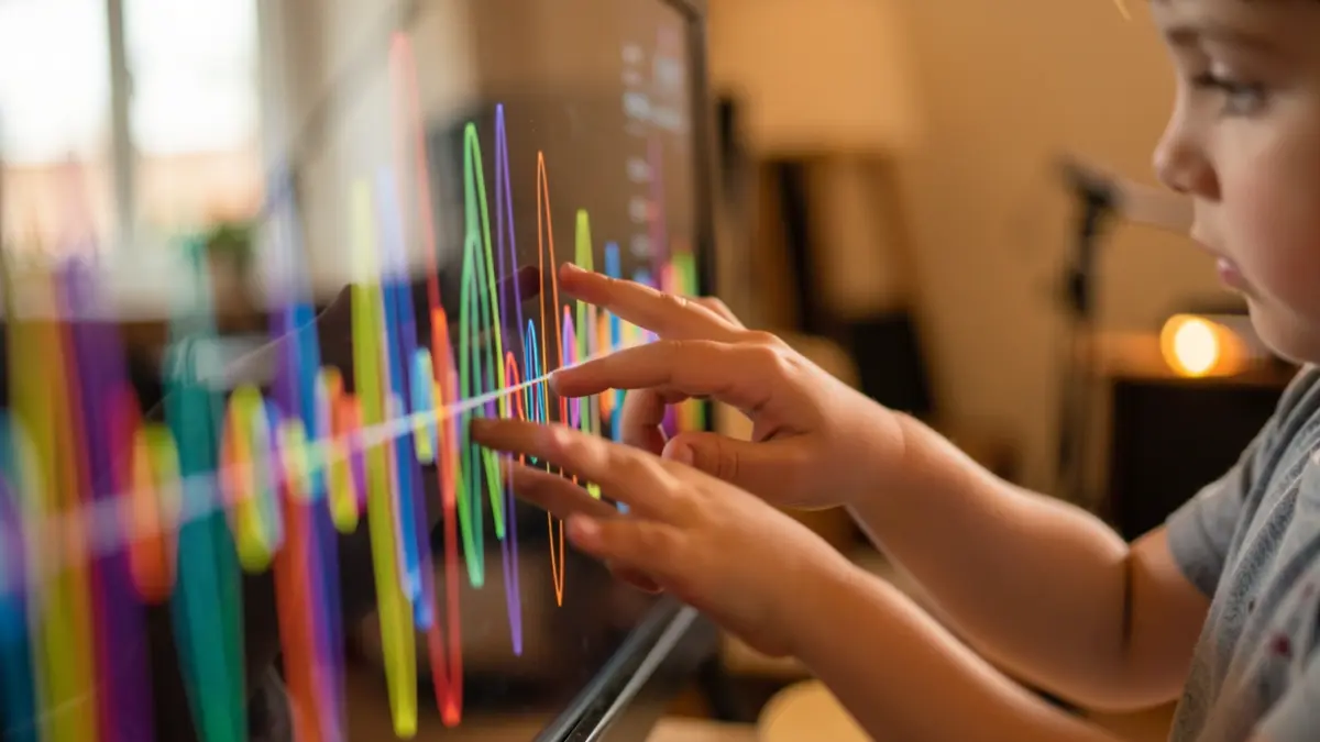 Generic image of child's hands touching abstract sound waves in a warm interior space.