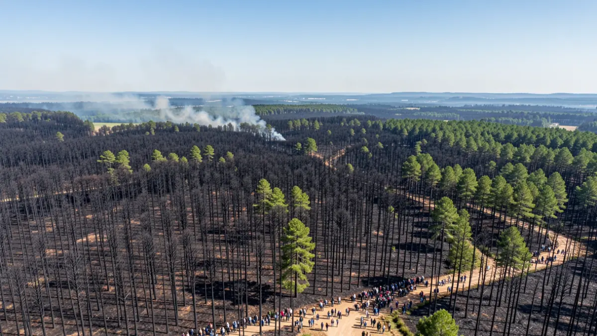 Aerial view of a vast forest area in Nouvelle-Aquitaine showing signs of a recent large-scale fire, with charred black trees and some green regrowth emerging, smoke haze in the distance under a clear blue sky.