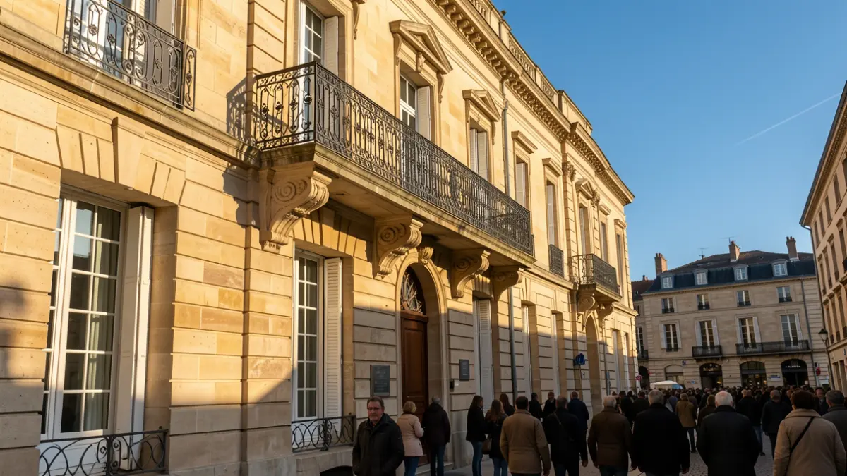 Stone facade of a Nouvelle-Aquitaine town hall with ornate balcony and iron railings, warm afternoon sunlight casting shadows on the sandstone walls, blue sky.