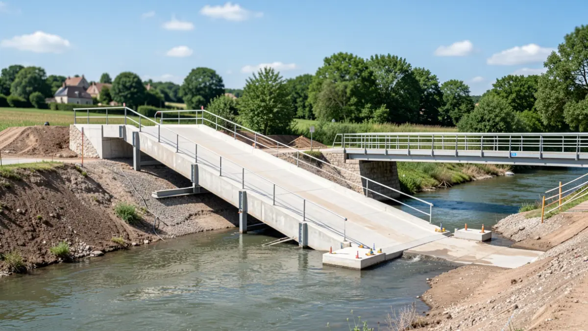 Installation de rampes pour une passerelle cyclable enjambant une rivière en Dordogne.