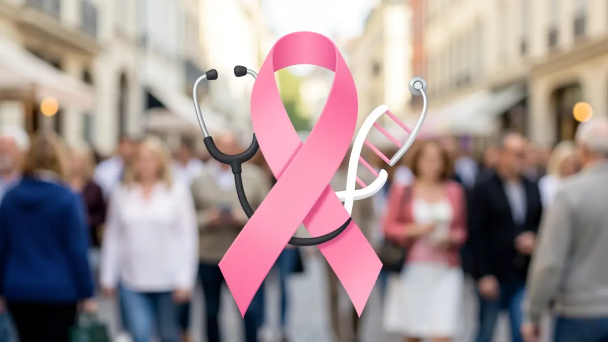 Image générique de sensibilisation au cancer du sein avec un ruban rose et des symboles médicaux.