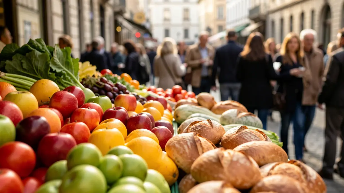 Image générique de divers aliments frais, fruits, légumes et pain.