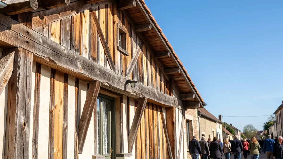 Façade d'une maison traditionnelle landaise en bois avec colombages rouges et verts, sous un ciel bleu clair.