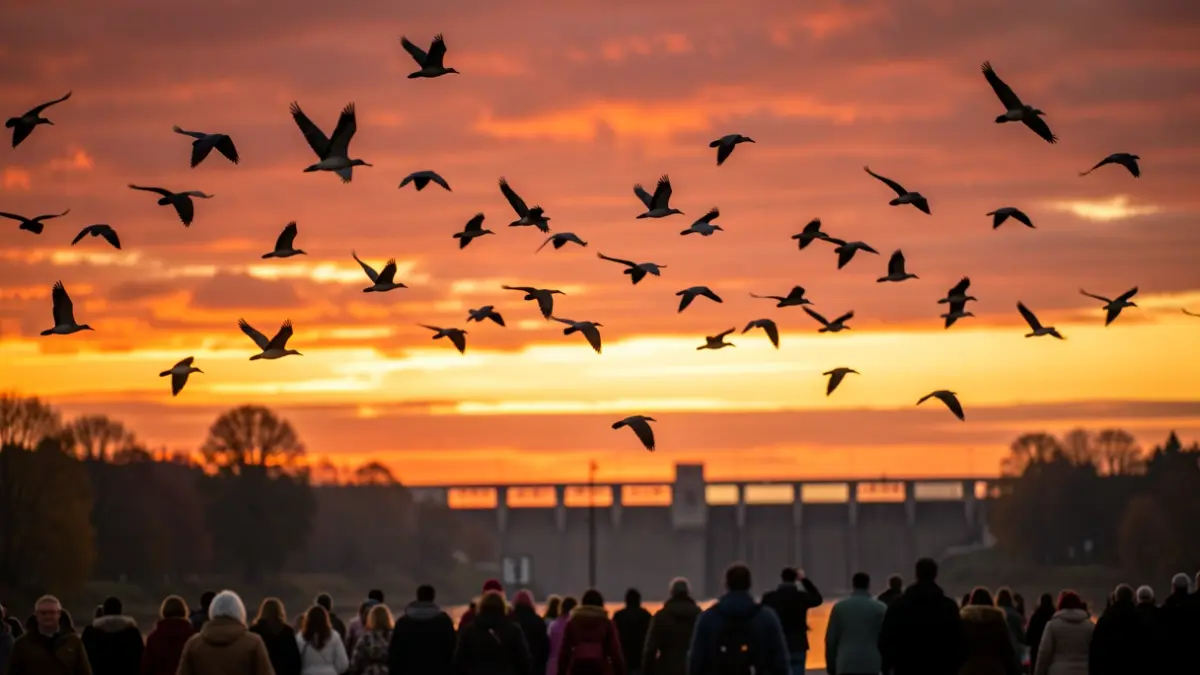 Generic image of migratory birds flying over a dam at sunset.