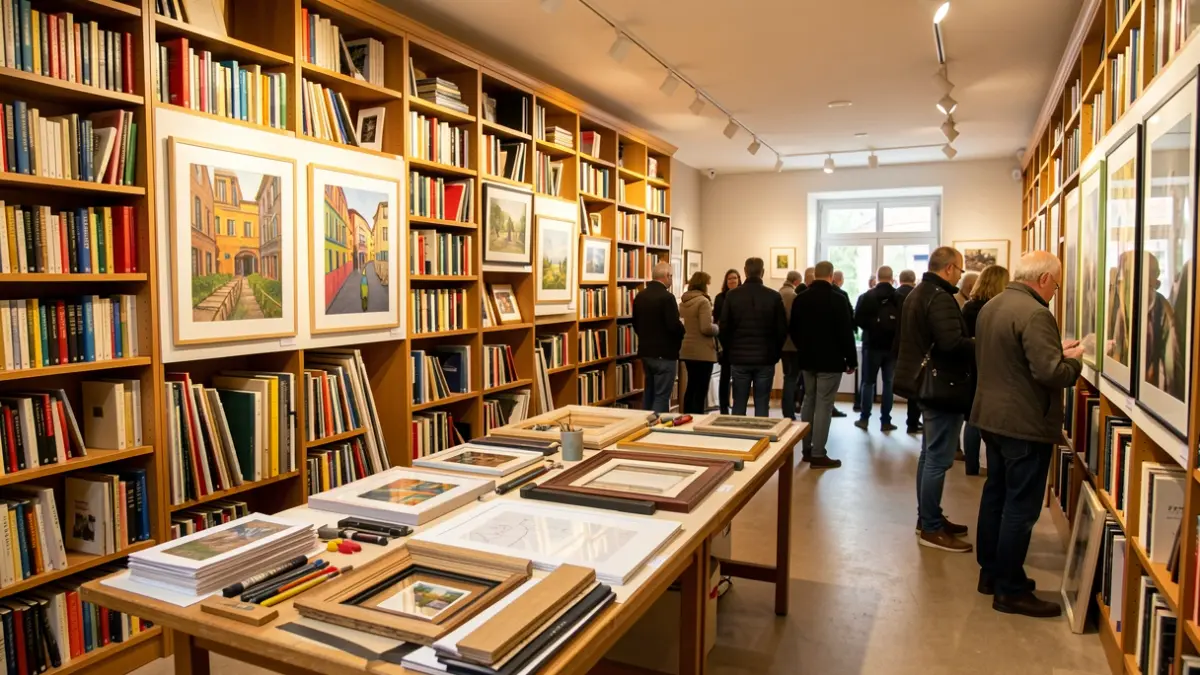 Intérieur d'une bibliothèque à Chancelade présentant une exposition sur l'art de l'encadrement.