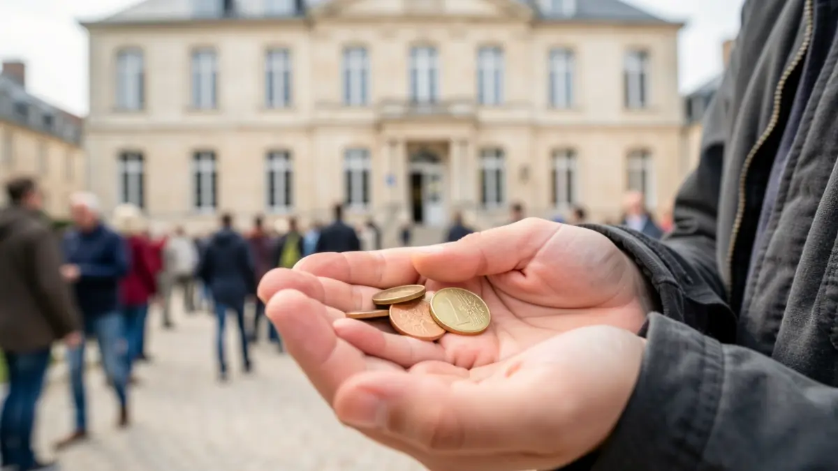 Image générique de mains tenant des pièces de monnaie devant une façade de mairie.