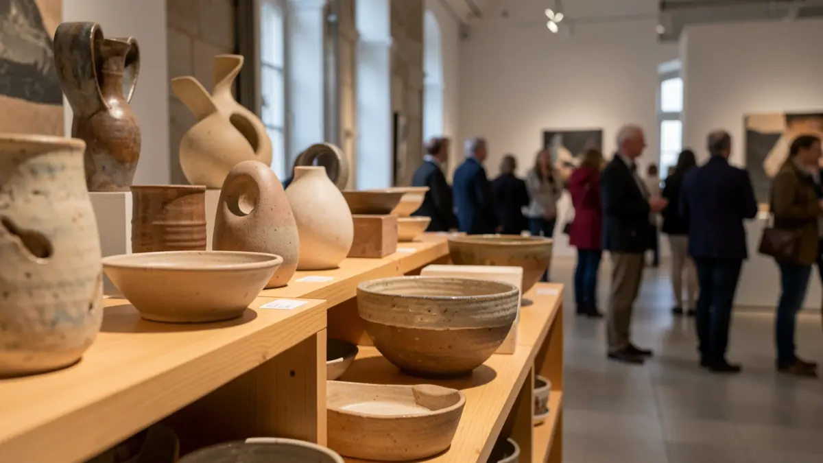 Ceramic art exhibition in a museum, showcasing various handcrafted pieces.
