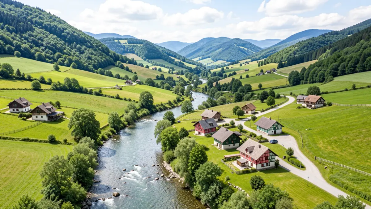 Vue aérienne de la Vallée d'Ossau en Nouvelle-Aquitaine, avec ses vallées verdoyantes, rivières sinueuses et maisons traditionnelles basques.