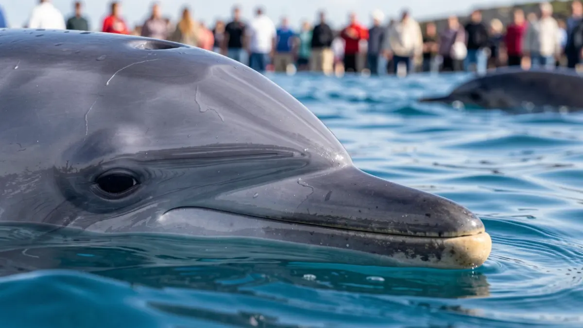 Close-up of a dolphin's eye and snout emerging from clear blue water, with a blurred background of the ocean surface and a hint of a seal's head underwater, documentary photography style, Nouvelle-Aquitaine coast.