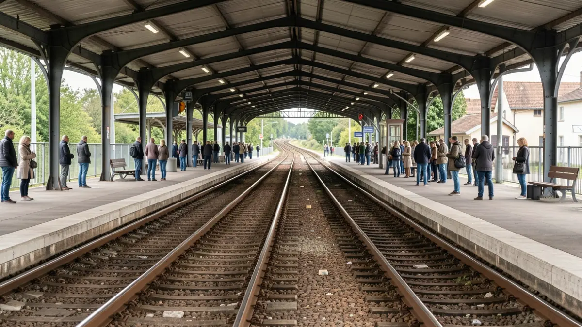 Image générique de quais de gare déserts avec des voies ferrées.