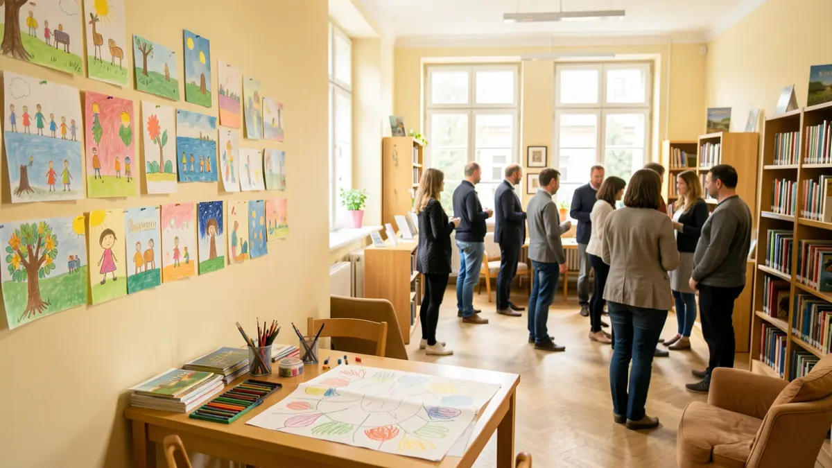 Library community room with children's artwork displayed on a wall and an art table.