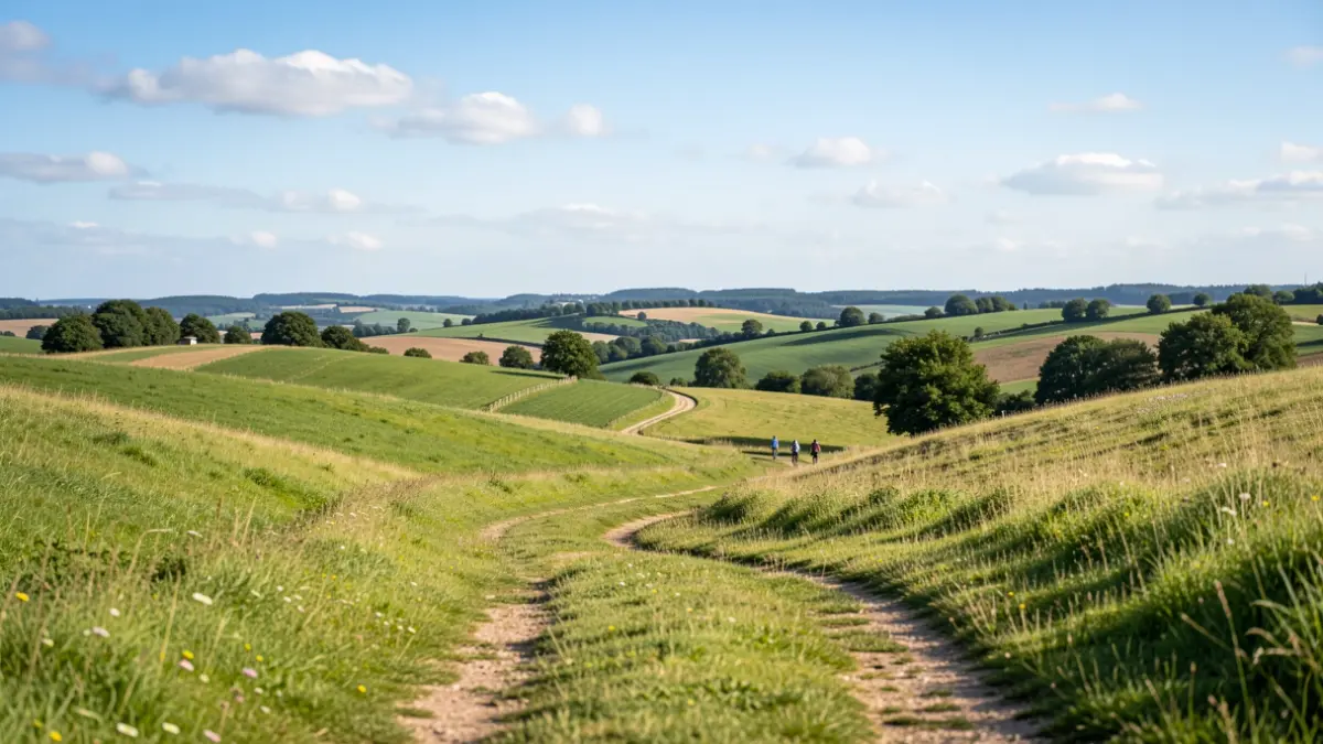 Landscape of green hills and rural paths in Nouvelle-Aquitaine, with distant hikers and cyclists.