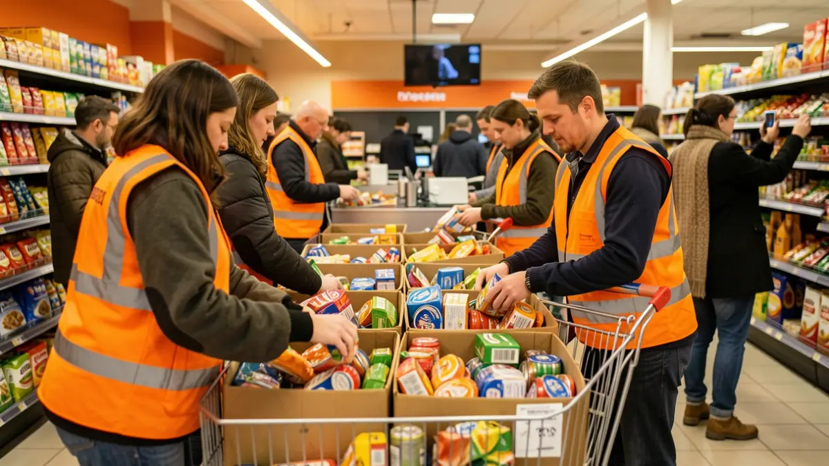 Image générique de bénévoles triant des dons alimentaires et des produits d'hygiène.