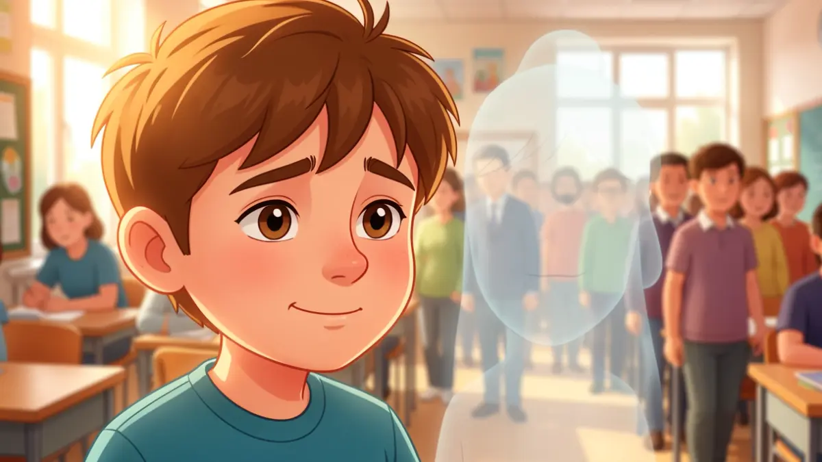Generic image of an animated character, a shy young boy with a ghost.