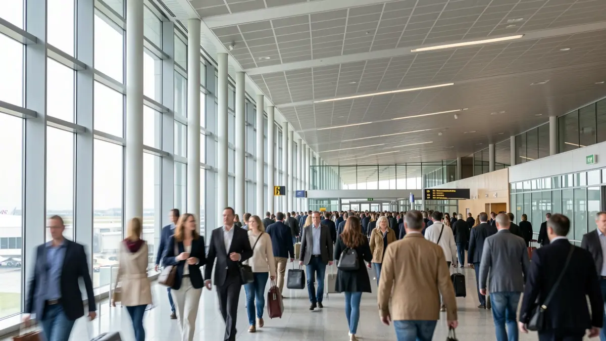 Image générique d'un intérieur d'aéroport moderne avec des voyageurs flous.