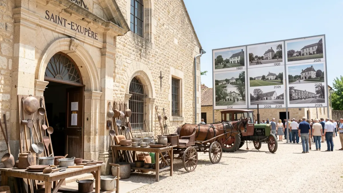 Journée du Patrimoine à Laruscade avec l'église Saint-Exupère, objets anciens, photos historiques et véhicules de collection.