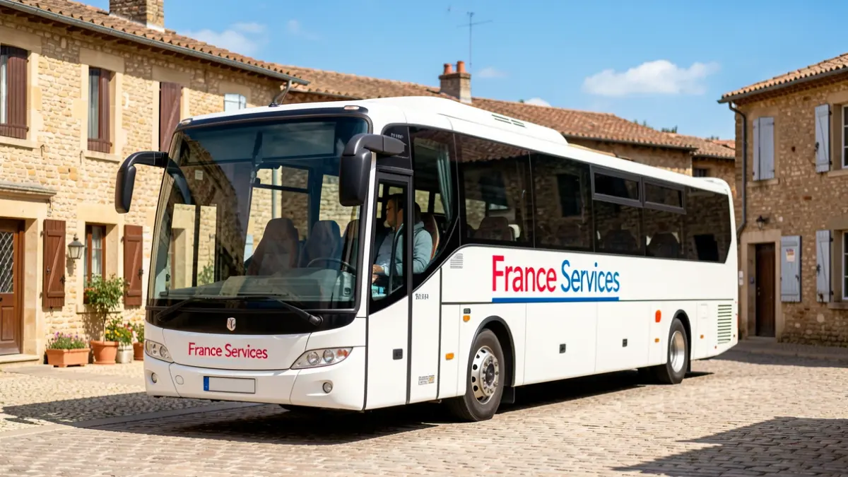 The France Services bus of the Communauté de communes Médullienne on tour in a Nouvelle-Aquitaine village.