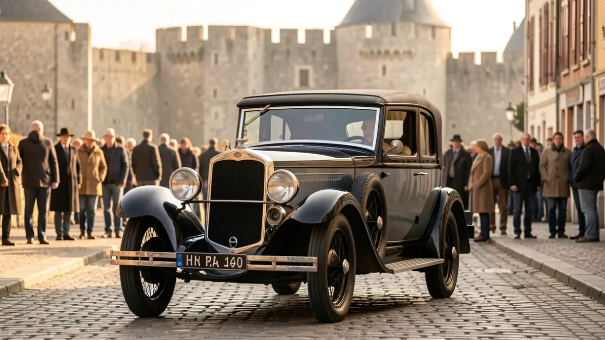 A 1927 Humber 14/40 car, winner of the 'Best of Show 2026' at Angoulême's Circuit des Remparts, parked on a cobblestone street with the city ramparts in the background.