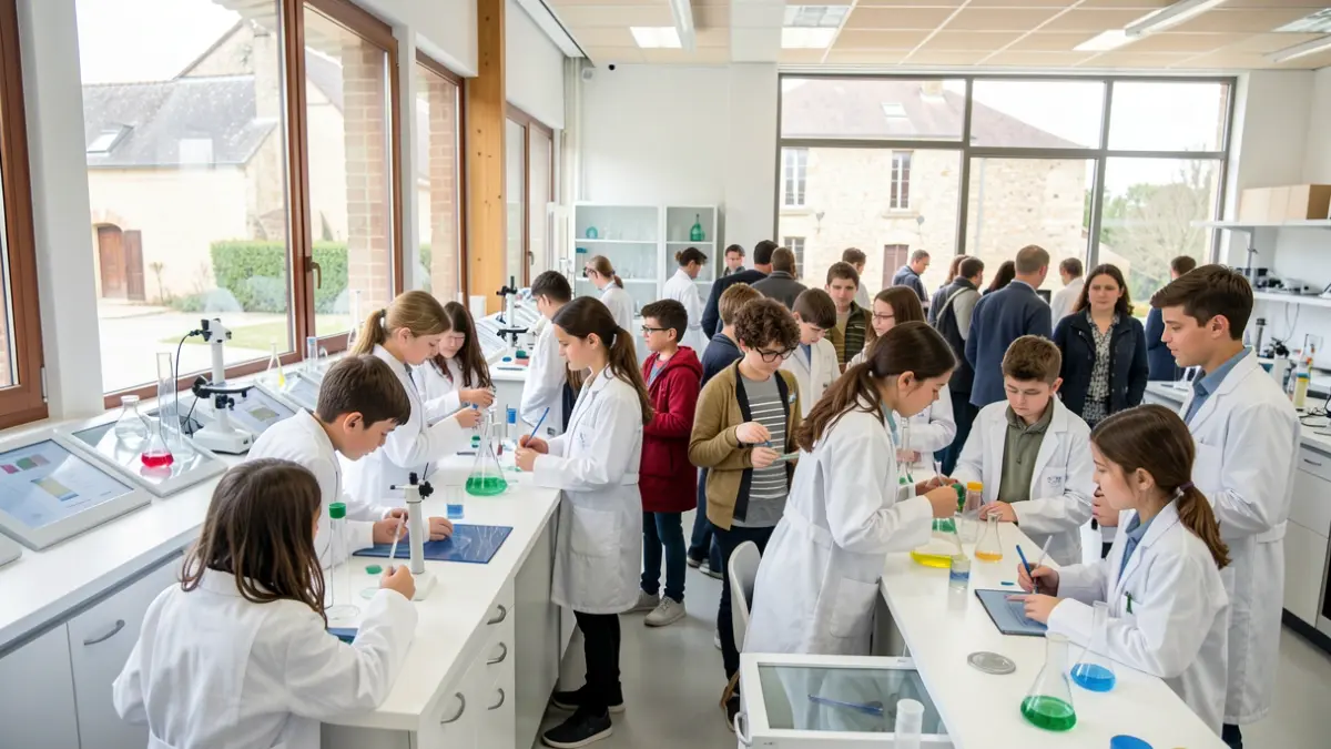 Students and scientists interact during a science discovery day in a laboratory in Nouvelle-Aquitaine.