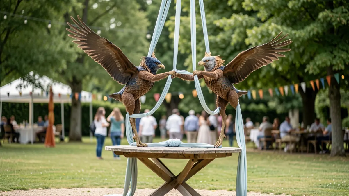 Generic image of two aerial acrobats performing a duet on an outdoor table, in a contemporary circus style.