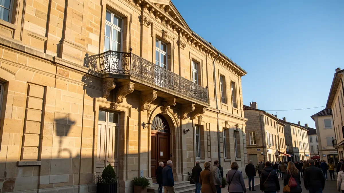Stone facade of the Prahecq town hall with ornate balcony and iron railings, warm afternoon sunlight.