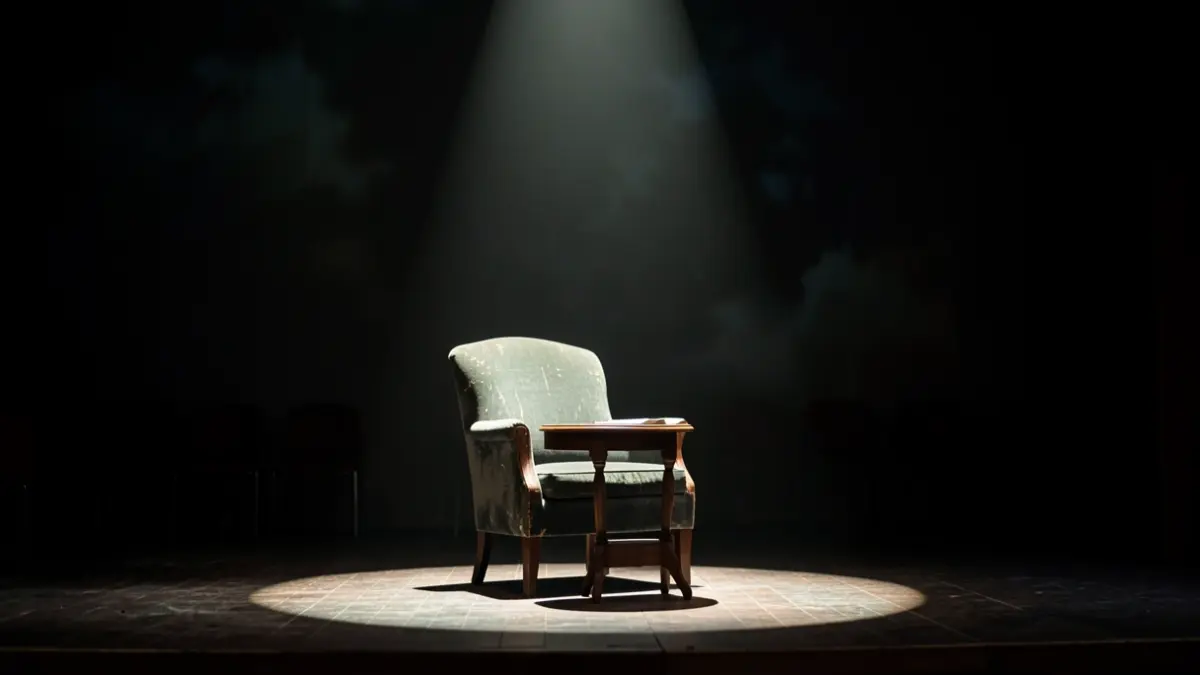 Dimly lit theatre stage with an armchair and table under a spotlight, evoking waiting and introspection.