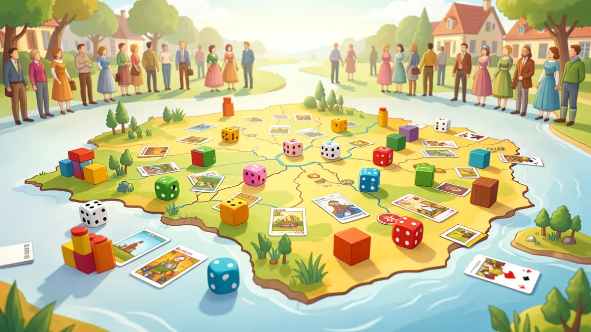 Generic illustration of a game festival with playful elements and a stylized map of the region.