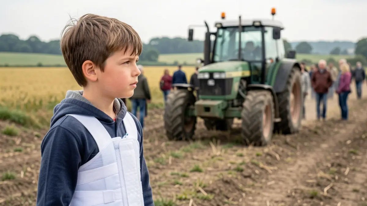 Image d'un jeune garçon portant un corset dans une ferme.