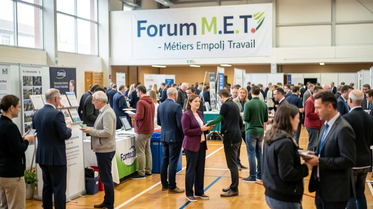 Image générique d'un forum emploi et métiers avec des participants et des stands.