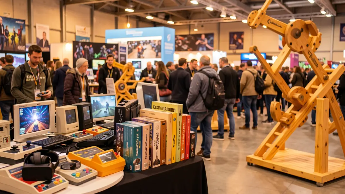 Image générique d'un festival de jeux et de technologie avec des consoles rétro, de la réalité virtuelle et des jeux géants.