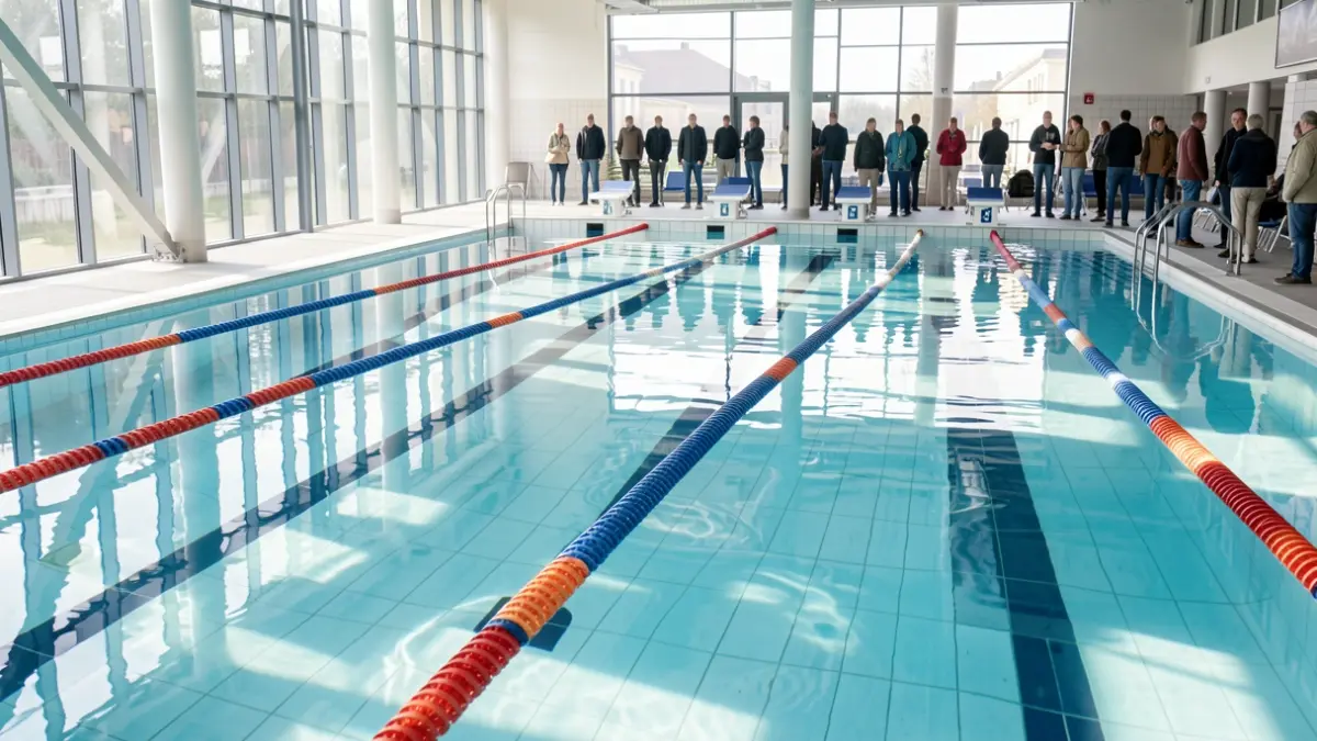 Piscine intérieure vide avec des lignes d'eau claires et une lumière douce.